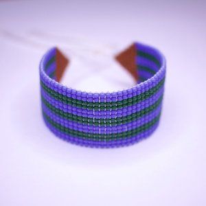 Striped Periwinkle Blue + Pine Green Beadwoven Bracelet - Handmade Beaded
